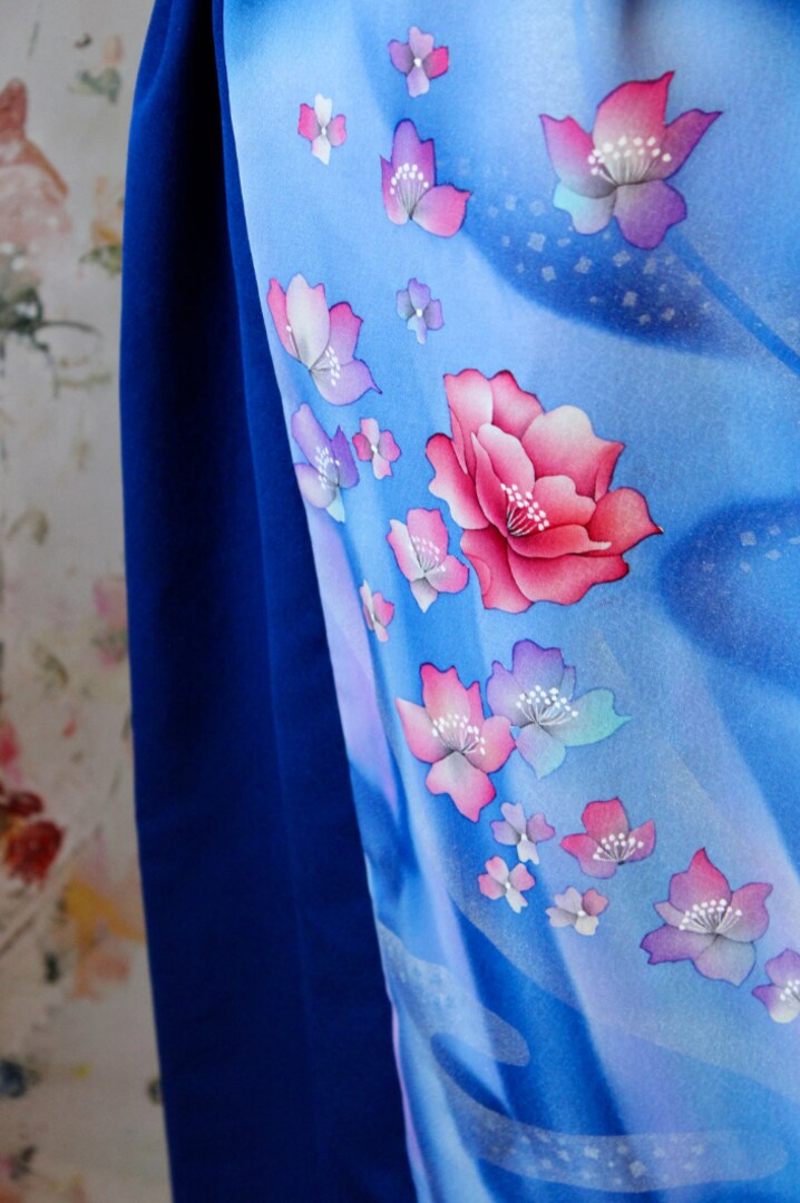 Handmade Vintage Silk Kimono Dress, Hand Painted Aurora Royal Blue, Unique gift, Authentic Kimono Remake, Kimono Fashion, Japanese Clothing | MakerPlace by Michaels Handmade Vintage Silk Kimono Dress, Hand Painted Aurora Royal Blue, Unique gift, Authentic Kimono Remake, Kimono Fashion, Japanese Clothing | MakerPlace by Michaels